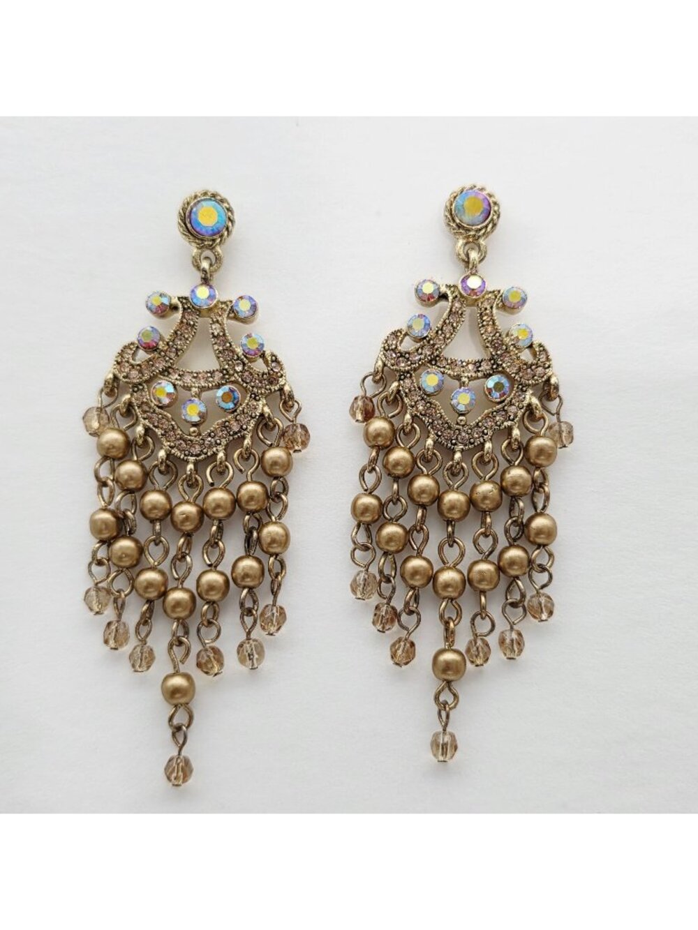 Vintage Gold-Tone Chandelier Earrings With Rhinestones & Bead Dangles For Women